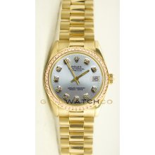 Rolex 31mm Midsize 18K Yellow Gold President Model 68278 Silver Diamond Dial & Diamond Bezel