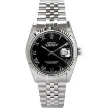 Rolex Men's Datejust Stainless Steel Fluted Black Roman Dial