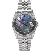 Rolex Men's Datejust Stainless Steel Custom Diamond Bezel & Dark Mother of Pearl Diamond Dial