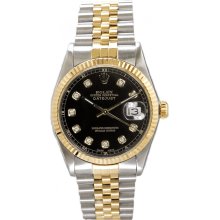 Rolex Men's Datejust Two Tone Fluted Custom Black Diamond Dial