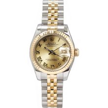 Rolex Women's Datejust Two Tone Fluted Champagne Roman Dial