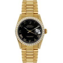 Rolex Women's President Midsize Custom Diamond Bezel Black Roman Dial