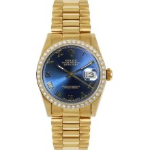 Rolex Women's President Midsize Custom Diamond Bezel Blue Roman Dial