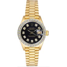 Rolex Women's President Yellow Gold Custom Diamond Bezel & Black Diamond Dial