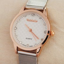 Rose Golden Case Ultra Thin Net Band Fashion Womens Wristwatch Quartz White Dial