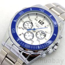 Round Blue Case Tachymeter Racing Sport Steel Men Women Quartz Wrist Watch