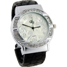 Round Crystal Watch Dial Textured Blocky Leatherette Cover Watchband Women's Bra