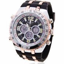 Round Dial Quartz Yellow Hours Analog and Digital Time Display - Rubber - Black