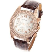 Round Dial Rhinestone Decoration Leather Wrist Watch for Women