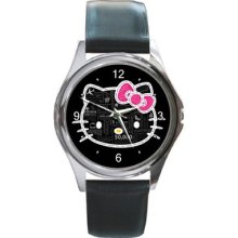 Round Leather Wrist Watch Stainless Hello Kitty Gift