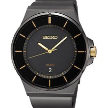 Seiko Men's Black Stainless Steel Case and Bracelet Black Dial Date Display Yellow Hour Markers SGEG19