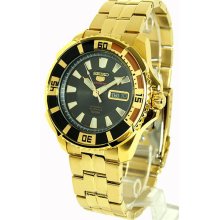 Seiko Men's Gold Tone Stainless Steel Seiko 5 Sports Automatic Black Dial Day and Date Display SRP208