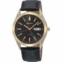 Seiko Mens Solar Black Dial Black Leather Band Watch