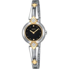 Seiko Women's $350 Two-tone Ss Dress Watch, Black Dial, Bangle, Diamonds Sujf32