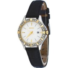 Seiko Women's SXDF24 Black Calf Skin Quartz Watch with White Dial