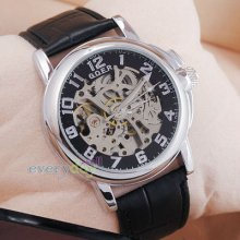 Silver Mechanical Movt Mens Automatic Wristwatches Black Leather Fashion