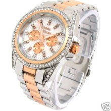 Silver/rose 3d Designer Style Crystal Bezel Women's Watch