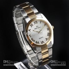 Silvery Face Golden Case Rim 2-tone Band Quartz Watch For Men N0157