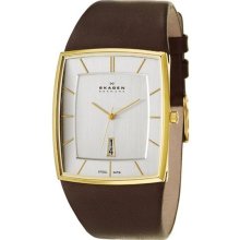 Skagen Gold Tone Tonneau Leather Mens Watch 567LGLD1 - Gold - Leather