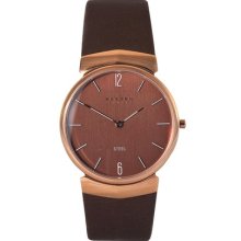 Skagen Men's Brown & Rose Gold Stainless Watch - Brown Dial - Brown Leather Strap - 695XLRLD