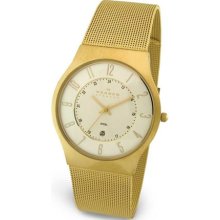 Skagen Men's Steel Gold Mesh Stainless Watch - White Dial - Mesh Bracelet - 233XLGG
