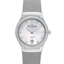 Skagen 'Mesh' Round Crystal Bezel Watch