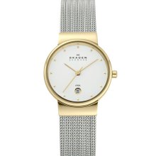 Skagen Round Stripe Mesh Bracelet Watch Gold/ Silver