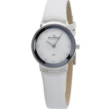 Skagen Watches Women's White MOP with Swarovski Dial White Leather Whi