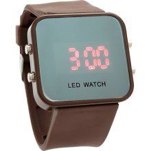 Sports Style Silicone Band Unisex Mirror Face Plastic LED Digital Wristwatch - Coffee