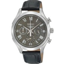 Stainless Steel Case Chronograph Gray Dial Black Leather Strap Date Display