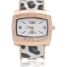 Stainless Steel Case Lady Quartz Watch Bracelet Watch Leopard Grai