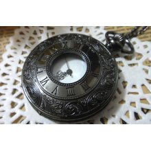 Steampunk Jet Black Roman Pocket Watch - Black - Brass