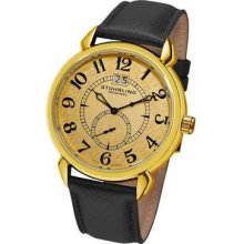 Stuhrling 50e Eternity Swiss Ronda Quartz Goldtone Dial Black Leather Mens Watch