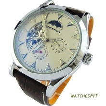 Stylish Men's White Dial Analog Automatic Mechanical Leather Wrist Watch