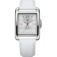 Tommy Hilfiger Women's Rectangular White Leather Strap Watch