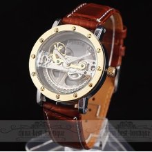 Top Steampunk Golden Bridge Skeleton Men Automatic Mechanical Leather Wristwatch