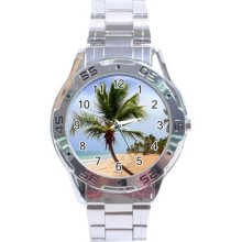 Tropical Island Beach Palm Tree Stainless Steel Analogue Watch