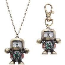 Unisex Compass Robot Style Analog Alloy Quartz Keychain Necklace Watch (Bronze)