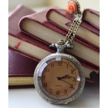 Victorian Style Pocket Watch Necklace in Antiqued Bronze and Coral Coloured Glass Cover with Rose