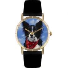 Whimsical Women's Border Collie Photo Black Leather Strap Watch (Silver)