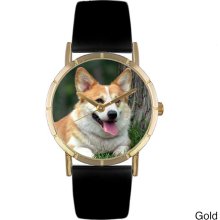 Whimsical Women's Corgi Photo Black Leather Strap Watch (Silver)