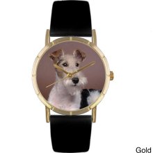 Whimsical Women's Fox Terrier Photo Black Leather Strap Watch (Silver)