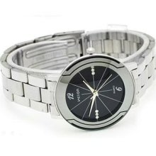 Wilon Lines Pattern Dial Black Face Mens Womens Stainless Steel Wrist Watch