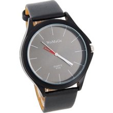 WOMAGE 9724 Men's Round Dial Black Leather Strap Analog Watch (Black)