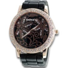 Women Floral Fashion CZ Bezel Black Rubber Strap Quartz Watch ...