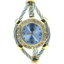 Women Gold Tone Rhinestone Twisted Band Bracelet Wrist Watch Blue