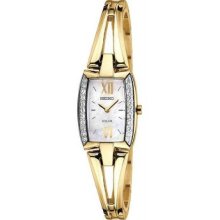 Women's Gold Tone Stainless Steel Case Solar Mother of Pearl Dial Crystals on Be