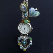 Works.. Vintage PIN POP ladies watch 3D Murano heart Cameo revamped