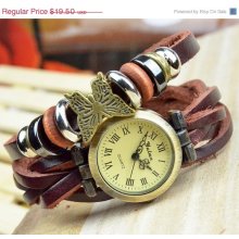 10% SALE Women Leather Wrap Bracelet Watch with Butterfly and Bead