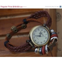 10% SALE Women Leather Wrap Bracelet Watch with Bead and Butterfly